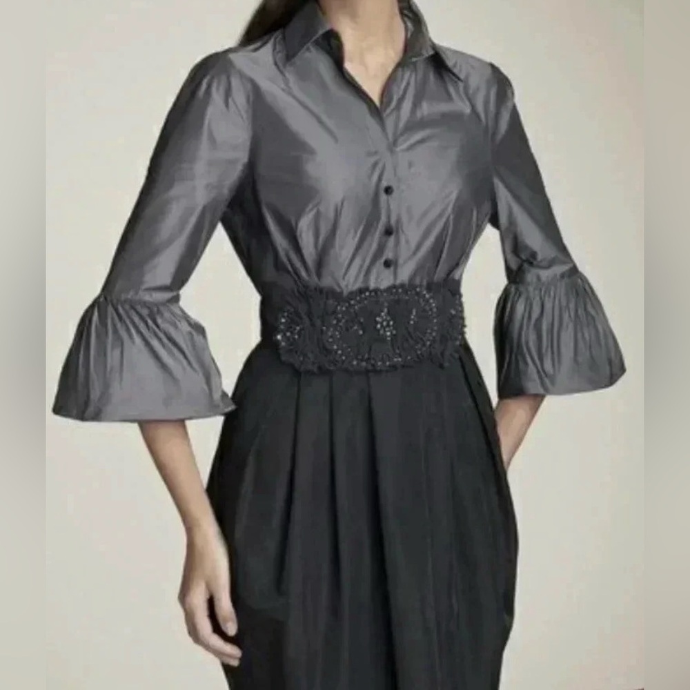 BCBGMAXAZRIA Max Azria Steel Gray and Rosette Waist Cocktail Dress